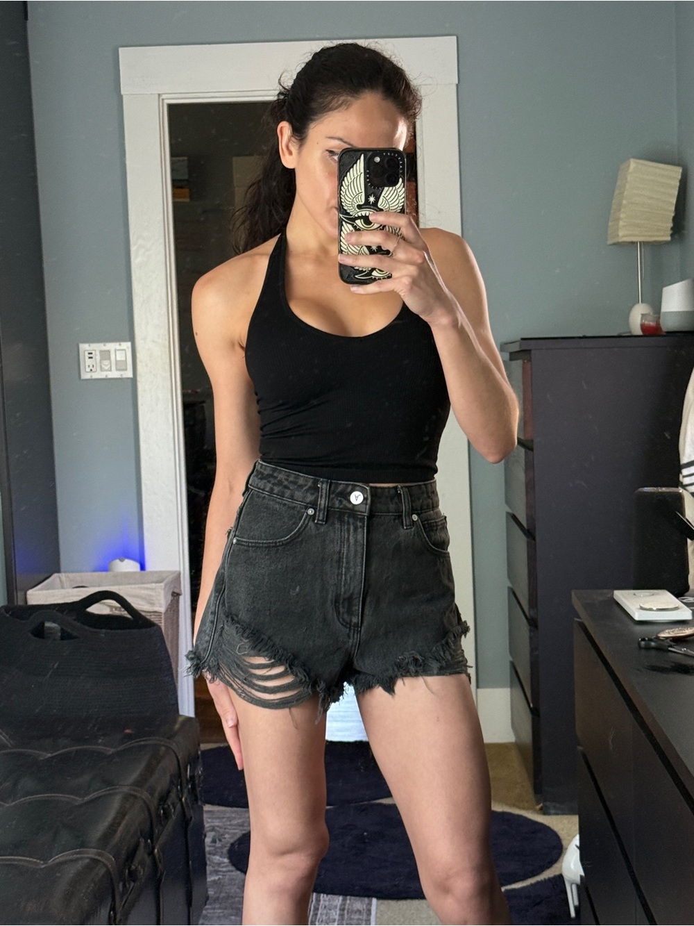 Abrand Black High-Rise Distressed Denim Shorts